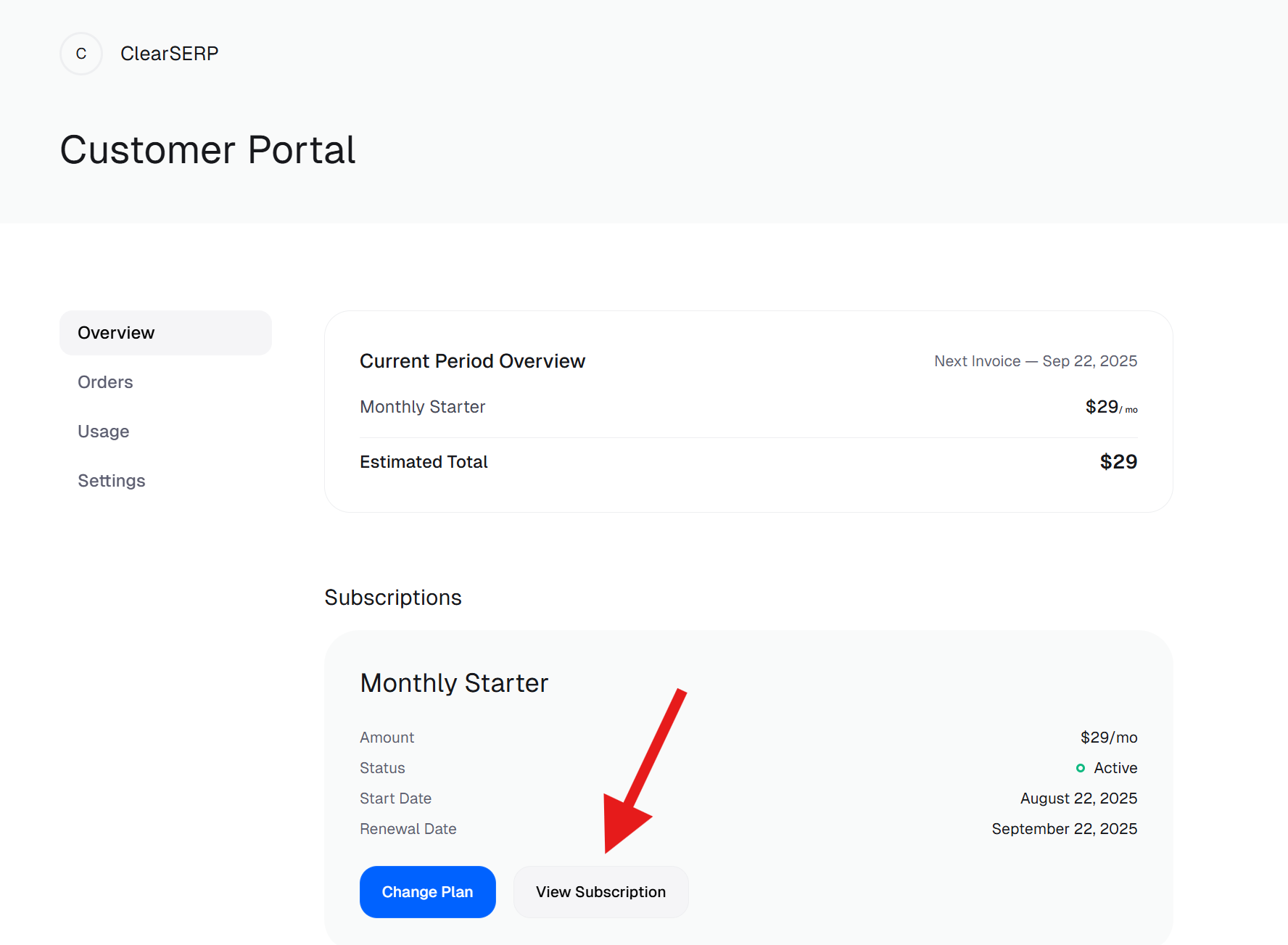 View Subscription Panel