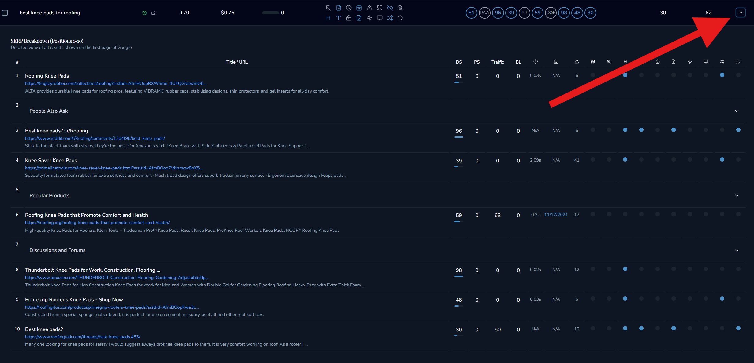 Expanded keyword details view showing complete SERP breakdown